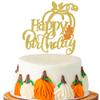 Rsstarxi 1 Pack Pumpkin Happy Birthday Cake Topper Gold Glitter Pumpkin Themed Birthday Party Cake Pick Decoration for Autumn Fall Maple Leaves Thanksgiving Birthday Party Cake Decorations