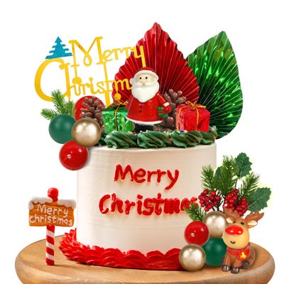 20 PCS Christmas Cake Toppers Merry Christmas Cake Decoration with Green Red Palms Christmas Tree Mini Santa Reindeer for Christmas Themed Birthday Party Baby Shower (Style 1)