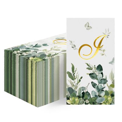 Horaldaily 100 Spring Disposable Paper Decorative Guest Napkins, Watercolor Eucalyptus Monogram Gold Foil Letter I for Party Lunch Dinner Kitchen Bathroom