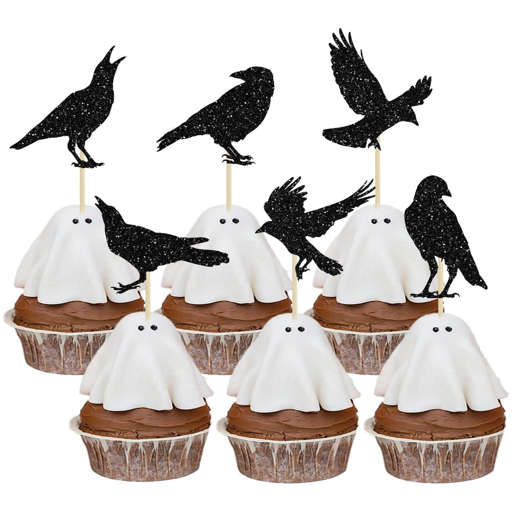 24Pcs Black Crow Cupcake Toppers Glitter Raven Halloween Cupcake Picks for Horror Crow Halloween Theme Birthday Party Cake Decorations Supplies
