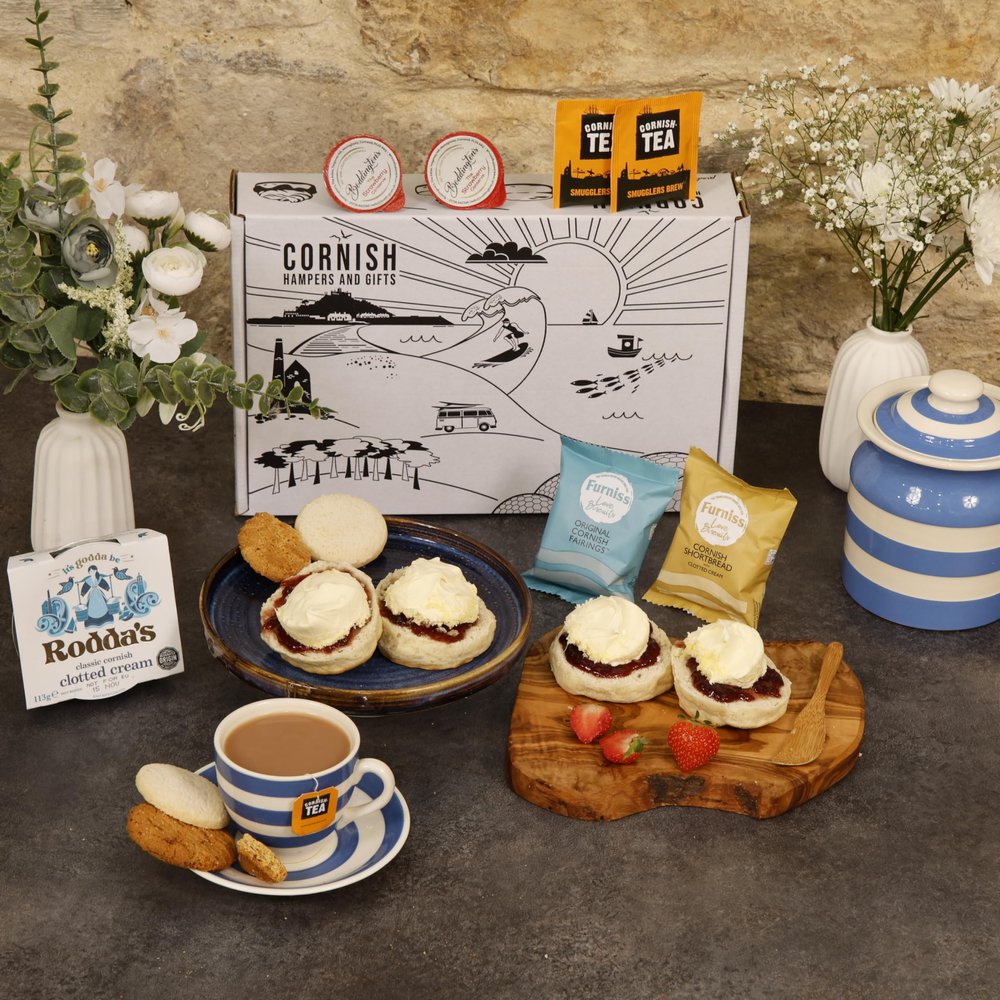Cornish Afternoon Cream Tea Hamper  2 Person Deluxe Cream Tea - Fresh Scones, Tea, Jam, Cornish Biscuts & Roddas Clotted Cream, Elegant Packaging Gift - Birthday, Anniversary & Special Occasions