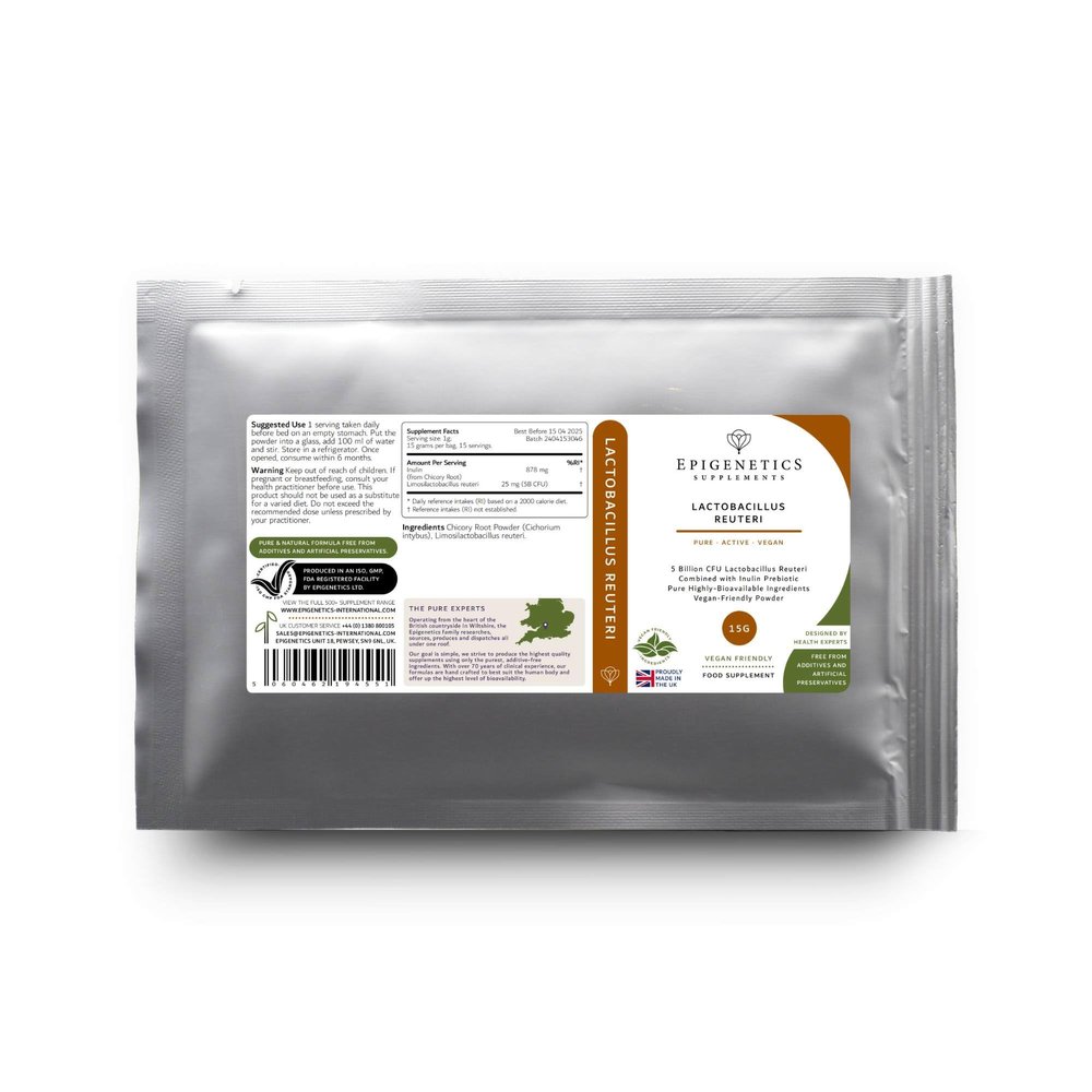 Lactobacillus Reuteri 15g | 5 Billion CFU Probiotic + Chicory Root Prebiotic (Inulin) | Vegan Friendly Powder UK Made | 1g Daily (15 Servings)