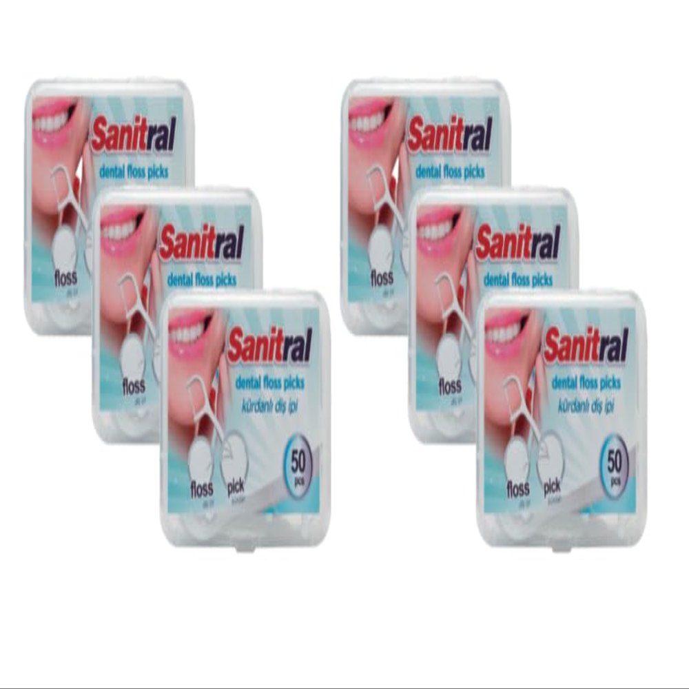 Sanitral 300 Pcs Dental Floss Picks (6 x 50) with Clear Hygienic Cases  2-in-1 Disposable Toothpicks for Teeth Cleaning