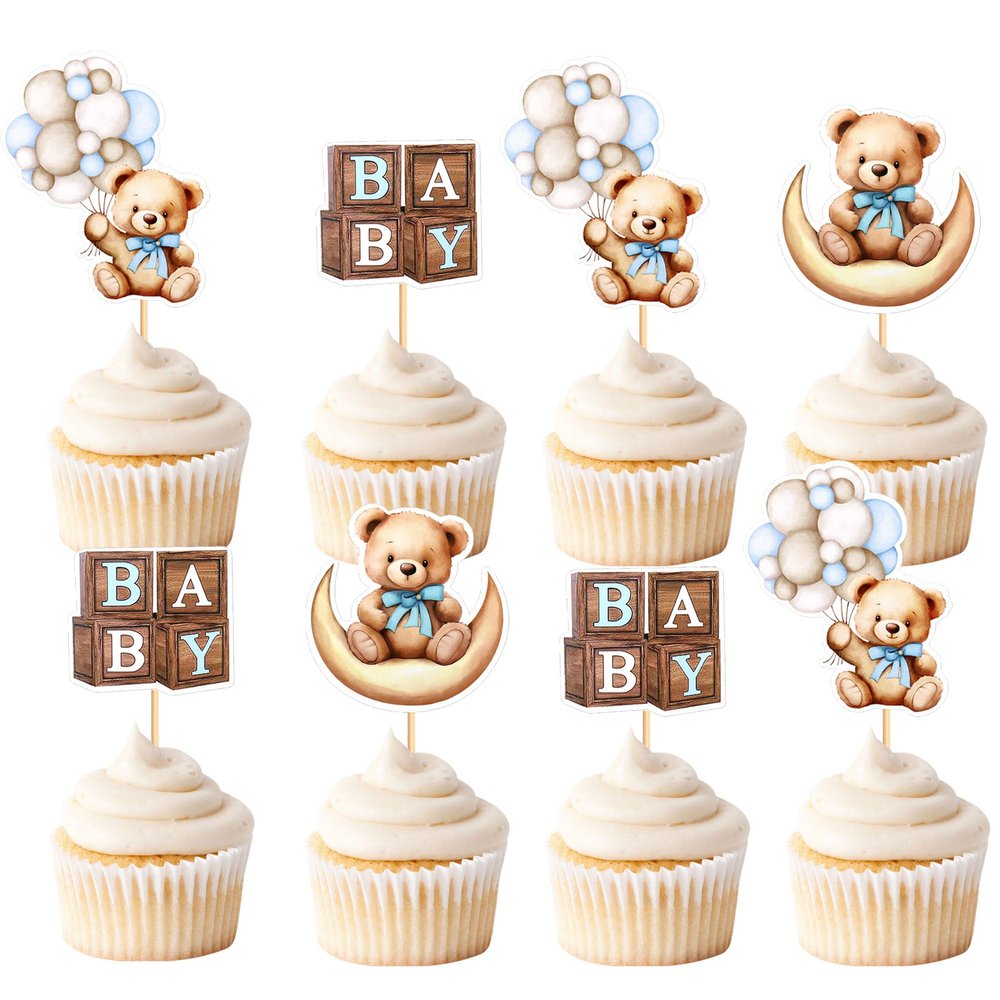 Cyodoos 36 PCS Baby Shower Bear Cupcake Toppers Selection Blue