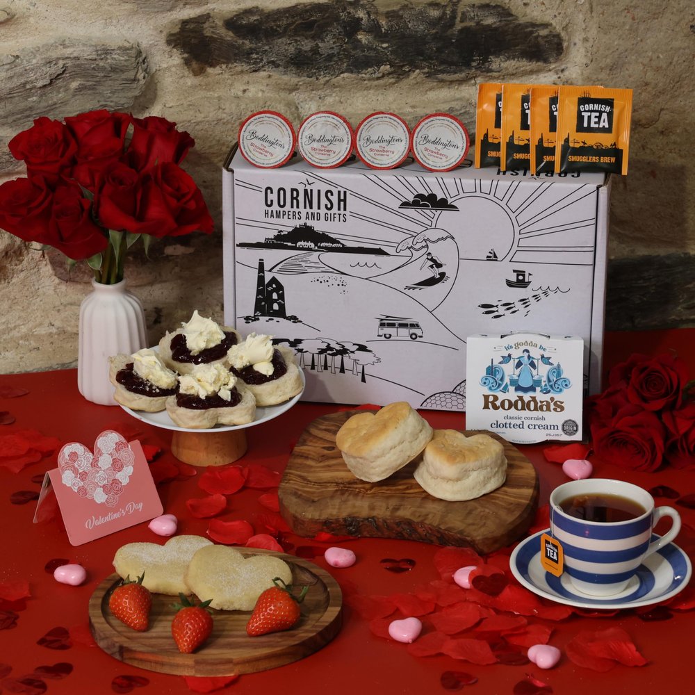 Valentines Day Traditional Cornish Afternoon Cream Tea Hamper  4 Person - Fresh Heart Scones, Tea, Jam, Cornish Heart Biscuts & Roddas Clotted Cream - Gift Box