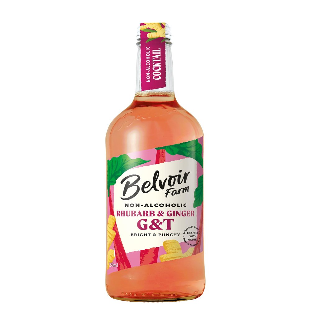Belvoir Farm Non-Alcoholic Rhubarb & Ginger G&T - Real Rhubarb Juices & Natural Ginger Extract, No Artificial Sweeteners, Preservatives or Flavourings, Vegan 6 x 750 ml