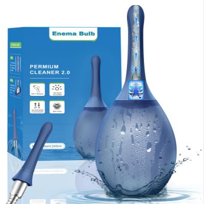 Enema Bulb Anal Douche Kit - with Shower Connect, 245ml Silicone Enema for Personal Hygiene & Refreshing Rinse, Anti-Backflow Valve & 7-Hole Nozzle, Filter Attachment Included (Navy Blue)