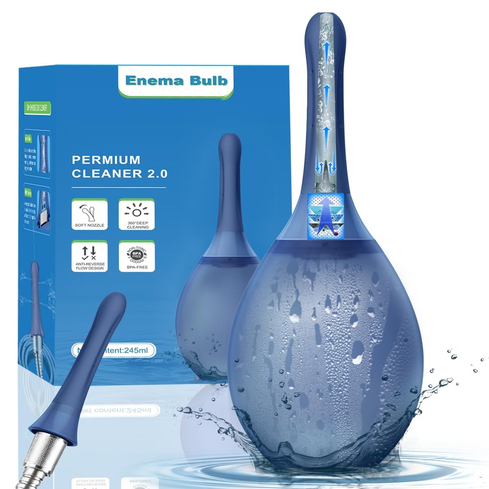 Enema Bulb Anal Douche Kit - with Shower Connect, 245ml Silicone Enema for Personal Hygiene & Refreshing Rinse, Anti-Backflow Valve & 7-Hole Nozzle, Filter Attachment Included (Navy Blue)
