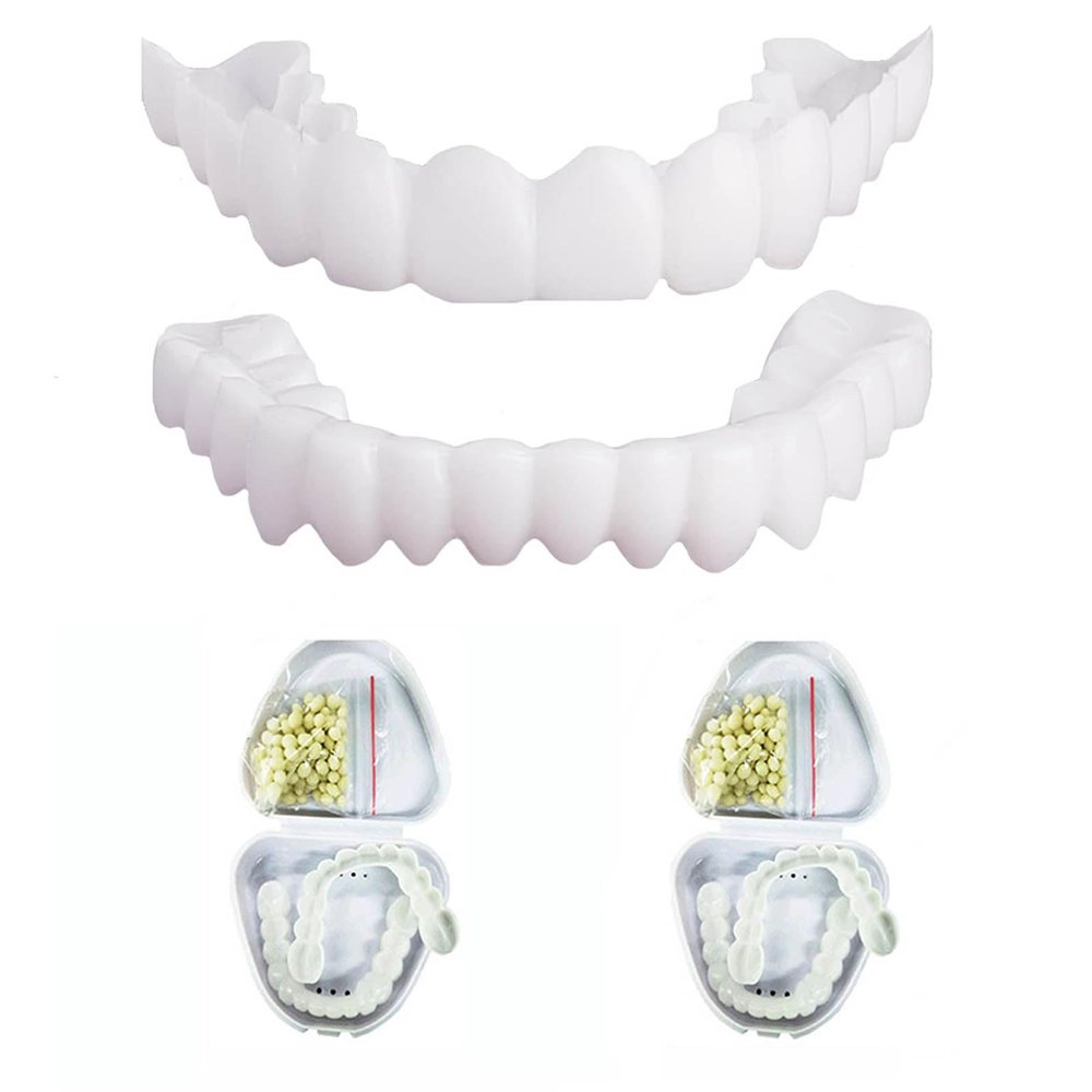 Flipped Warmth 2 Pair Prosthesis Teeth Fake Teeth White Dentures Teeth Top And Bottom Veneers Teeth Instant Perfect Smile Tooth Whitening False Teeth Veneers for Men Women Cover Missing Teeth