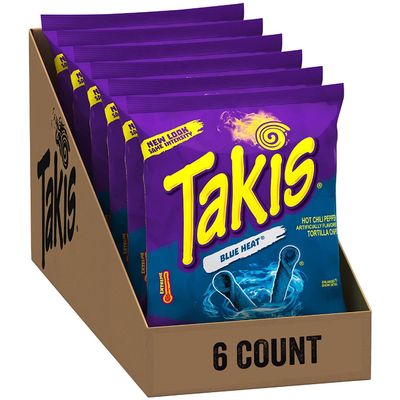 GroceriesRus American Snacks - Takis Blue Heat Rolled Tortilla Chips, Hot Chili Pepper Artificially Flavored - 3.25oz (92.3g) Pack of 6