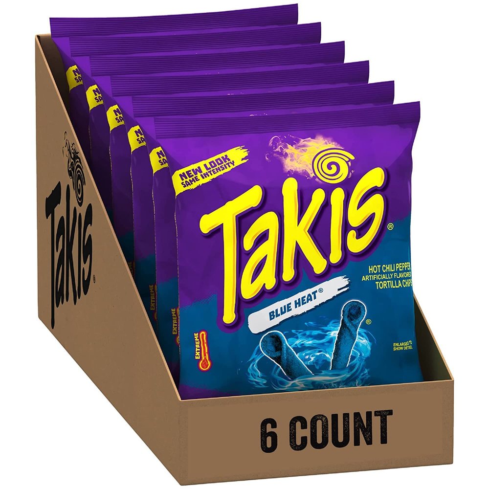 GroceriesRus American Snacks - Takis Blue Heat Rolled Tortilla Chips, Hot Chili Pepper Artificially Flavored - 3.25oz (92.3g) Pack of 6