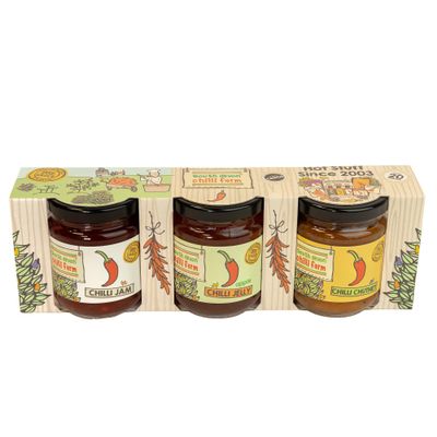 South Devon Chilli Farm - Chilli Preserve Gift Set (3 x Jars) - Jam, Chutney and Jelly - Spicy Condiments for Cheese & Meats - Gluten Free, Vegan Friendly - Perfect Chilli Gift Idea for Spice Lovers