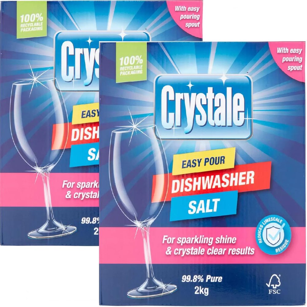 2 x 2kg Dishwasher Salt for Dishwashers and Water Softeners, Easy-Pour Box