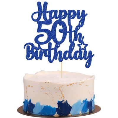 Gyufise 1Pc Happy 50th Birthday Cake Topper Glitter 50 & Fabulous Cheers to 50 Years Old 50th Birthday Cake Pick for Celebrating 50th Birthday Anniversary Party Cake Decorations Blue