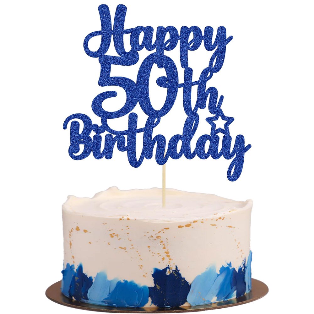 Gyufise 1Pc Happy 50th Birthday Cake Topper Glitter 50 & Fabulous Cheers to 50 Years Old 50th Birthday Cake Pick for Celebrating 50th Birthday Anniversary Party Cake Decorations Blue