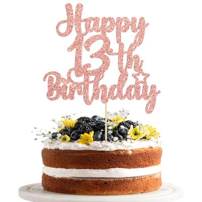 Gyufise 1Pc Happy 13th Birthday Cake Topper Glitter 13 & Fabulous Official Teenager 13 Birthday Cake Pick for Celebrating 13th Birthday Anniversary Party Cake Decorations Supplies Rose Gold