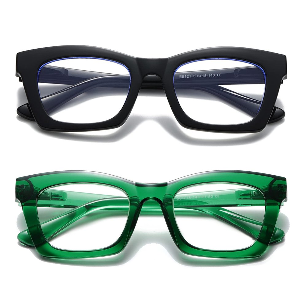 Hubeye Reading Glasses for Women Oprah Style Blue Light Blocking Oversized Square Spring Hinge Computer Readers (Black+Bright Green, 1.75)