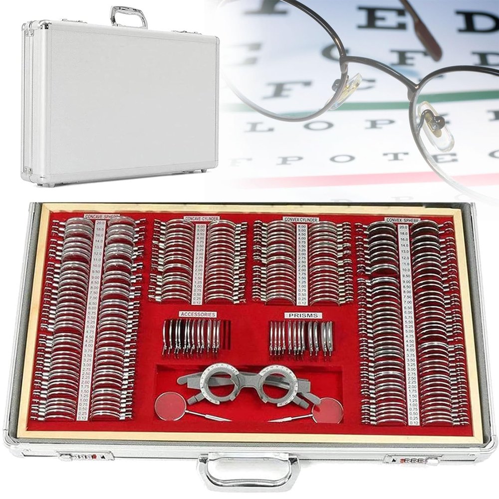 266 pcs Optical Trial Lens Set Ophthalmology Optometry Kit Adjustable Trial Frame Optometry Optician Eye Test Glasses Metal Rim Aluminum Case
