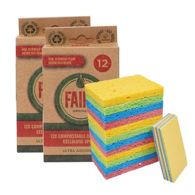 Fairy Original Eco Compostable Compressed Pop up Dish Cleaning Sponges, Mixed Colours, Bulk Pack of 24 sponges