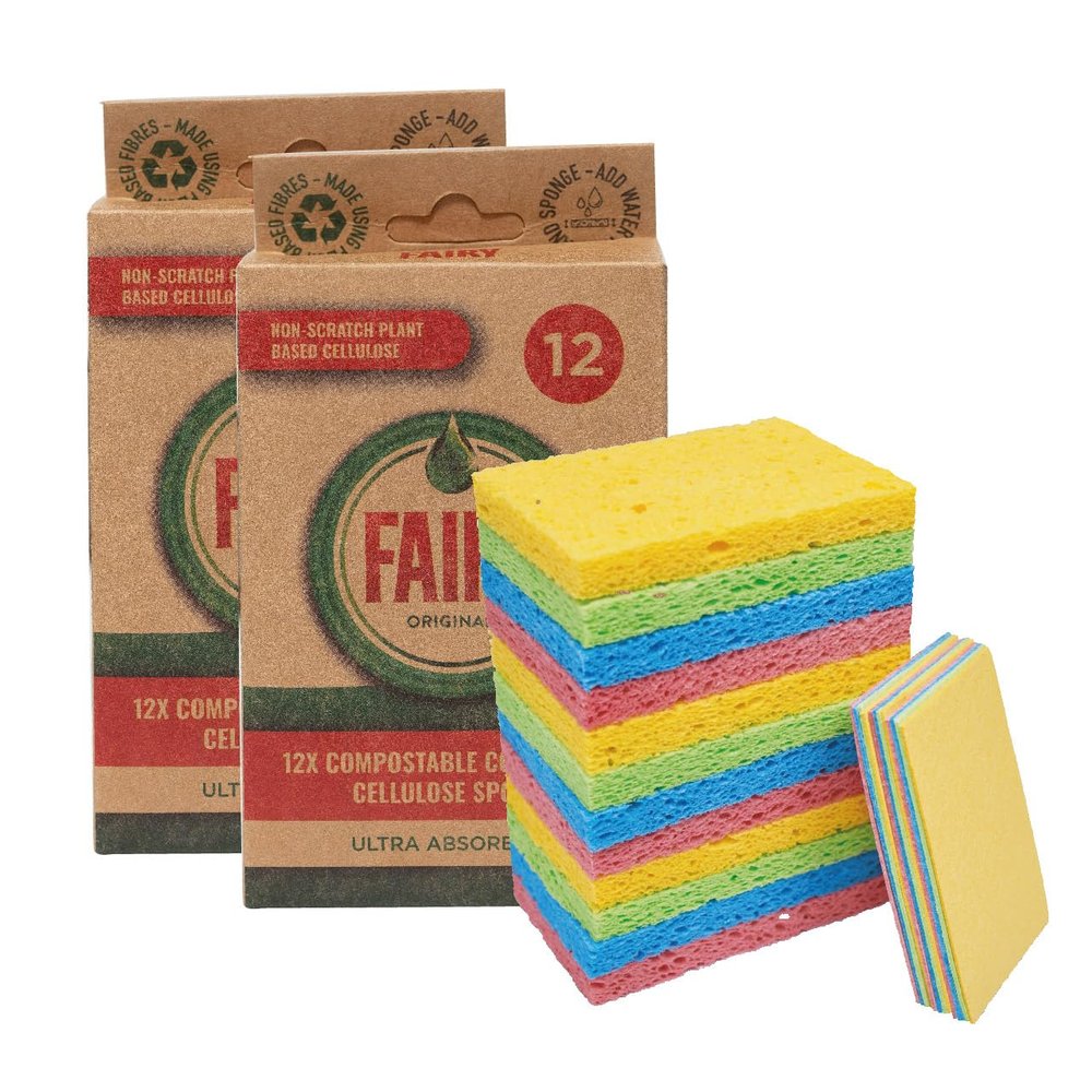 Fairy Original Eco Compostable Compressed Pop up Dish Cleaning Sponges, Mixed Colours, Bulk Pack of 24 sponges