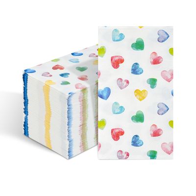 100 Pcs Heart Paper Napkins Valentine's Day Disposable Hand Towels Colorful Rainbow Heart 3 Ply Decorative Guest Napkin for Kitchen Bathroom Birthday Wedding Holiday Party Supplies