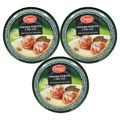Compass Beef Rissoles Fricassee Canned Ready Meals - 300g Tinned Bulgarian Meal Pouches - MRE & Camping | Ready to Eat Hot or Cold - Long Life - Meal Replacement (Beef Rissoles Fricassee, 3 Pack)