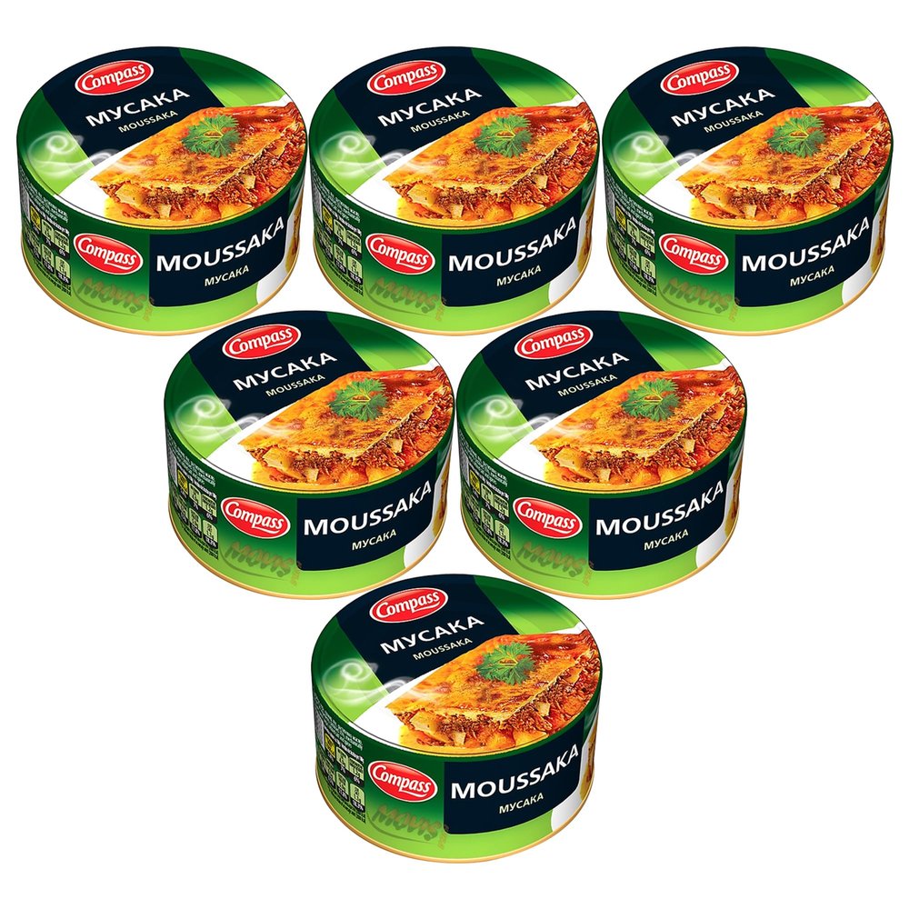 Compass Moussaka - 300g Canned Ready Meals - Tinned Bulgarian Real Food Meal Pouches - MRE & Camping | Ready to Eat Hot or Cold - Long Life - Meal Replacement (Moussaka, 6 Pack)