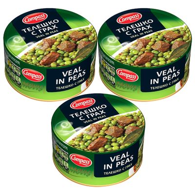 Compass Beef/Veal in Peas Stew - Canned Ready Meals - 300g Tinned Bulgarian Real Food Meal Pouches - MRE & Camping | Ready to Eat Hot or Cold - Meal Replacement (Beef in peas stew, 3 Pack)