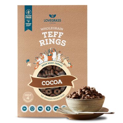 Lovegrass Ethiopia Cocoa Teff Rings | Award Winning Healthy, Whole Grain Breakfast Cereal 350g | Gluten Free | Vegan, High Protein, Fibre, Vitamins & Minerals | No Artificial Sugar