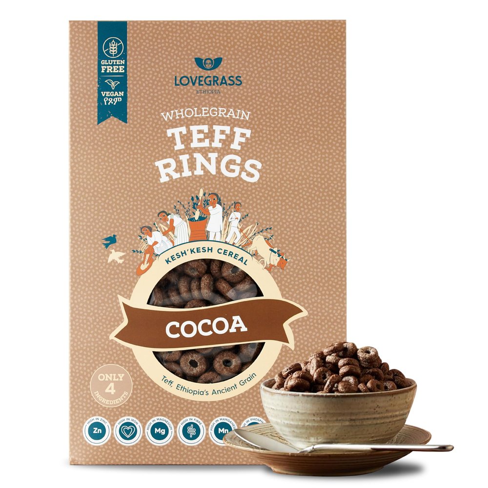 Lovegrass Ethiopia Cocoa Teff Rings | Award Winning Healthy, Whole Grain Breakfast Cereal 350g | Gluten Free | Vegan, High Protein, Fibre, Vitamins & Minerals | No Artificial Sugar