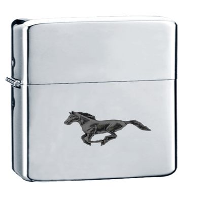 A19 Running Horse BLACK FINISH fine English Pewter on a chrome silver wind proof ligher flip top petrol refillable