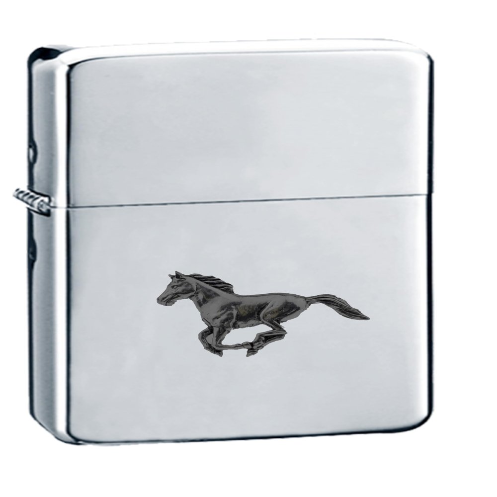 A19 Running Horse BLACK FINISH fine English Pewter on a chrome silver wind proof ligher flip top petrol refillable
