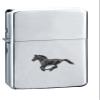 A19 Running Horse BLACK FINISH fine English Pewter on a chrome silver wind proof ligher flip top petrol refillable view 1