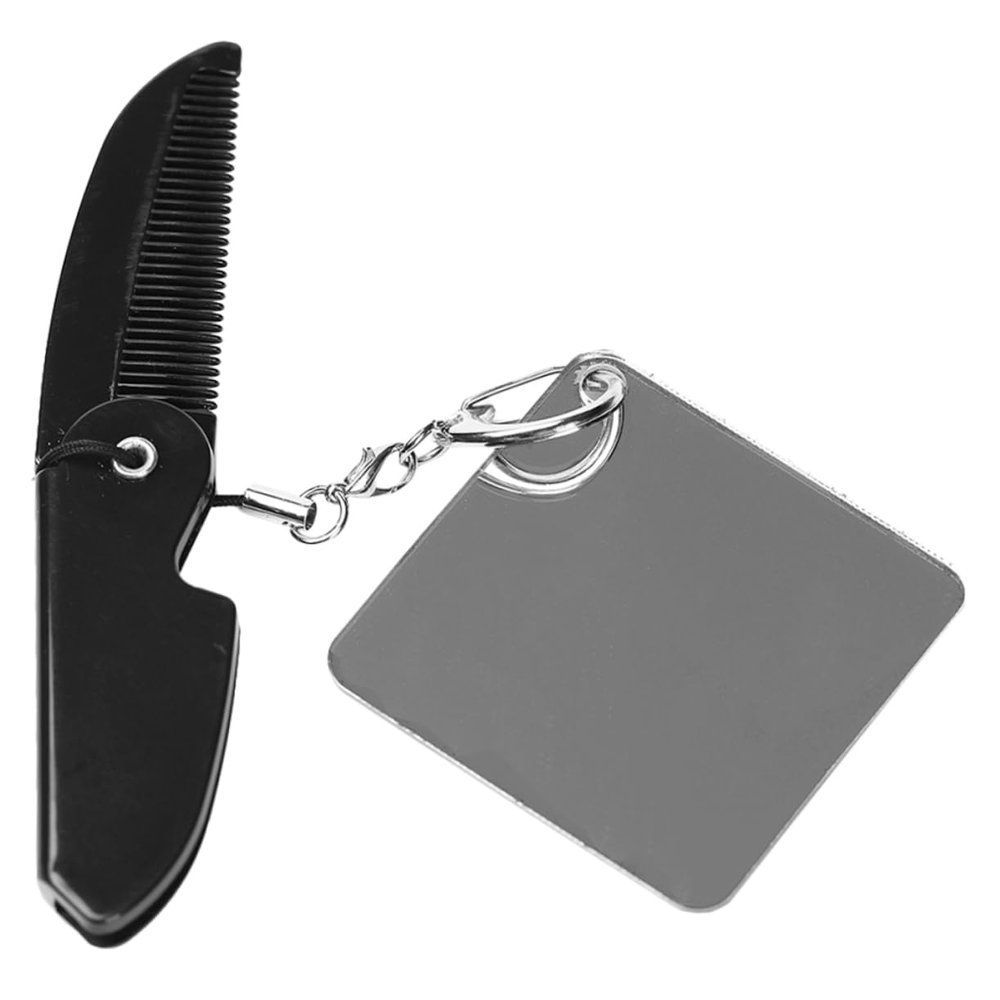 POPETPOP Foldable Fine Tooth Beard Comb Keychain with Square Acrylic Mirror, Small Travel Folding Comb for Mens Beard Grooming and Pocket Use