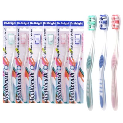 DR.BRIGHT Adults Toothbrush, Ultra Soft Bristles, Tongue Cleanser, Non-Slip Handle, Colorful, Pack of 6