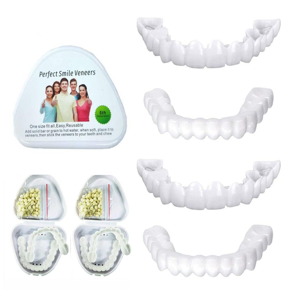 Flipped Warmth 2 Pairs Perfect False Teeth Veneers Top and Bottom Fake Teeth Cosmetic Veneers Teeth Instant Comfort Fit Whitening Flex Denture Cover Snap on Dentures for Men and Women
