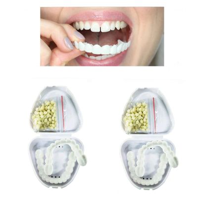 Flipped Warmth 2 Pairs False Teeth Fake Tooth Cosmetic Teeth Veneers Silicone Dentures Cosmetic Veneer Instant Smiling Teeth Matching Set Natural Shade Comfort Fit Dental Prostheses