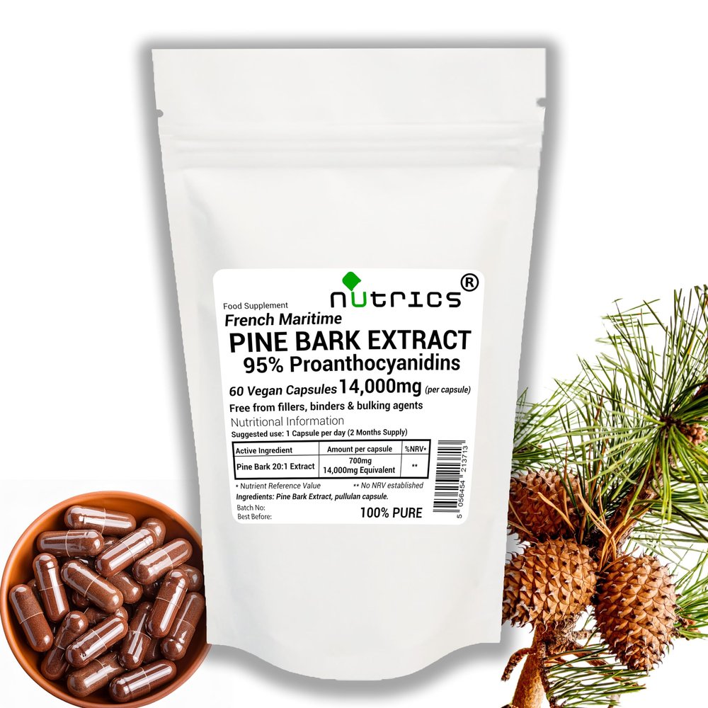 Nutrics 14,000mg (per Capsule) French Maritime Pine BARK Extract 95% Proanthocyanidins Pure 60 Vegan Capsules (2 Month Supply) Free from fillers Binders & Bulking Agents