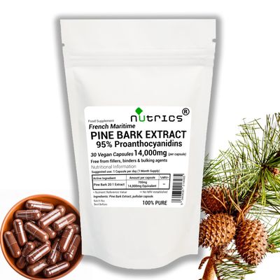 Nutrics 14000mg French Maritime Pine BARK Extract 95% Proanthocyanidins Pure 30 V Capsules (1 Month Supply) - Suitable for Vegan Vegetarian (30)
