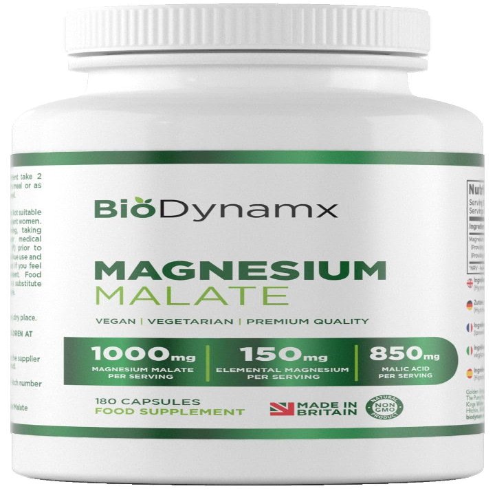 BioDynamx MagnesiumMalate | 150mg Elemental Mg | 180 Vegan Capsules (90Servings) Sleep, Energy & Heart Support, NonGMO, Made in UK
