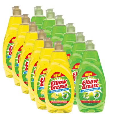 Elbow Grease Washing Up Liquid Multipack | Lemon | Apple | 12 x 600ml | 6 x Lemon, 6 x Apple | Remove Stubborn Food Deposits in No Time | Power Degreaser