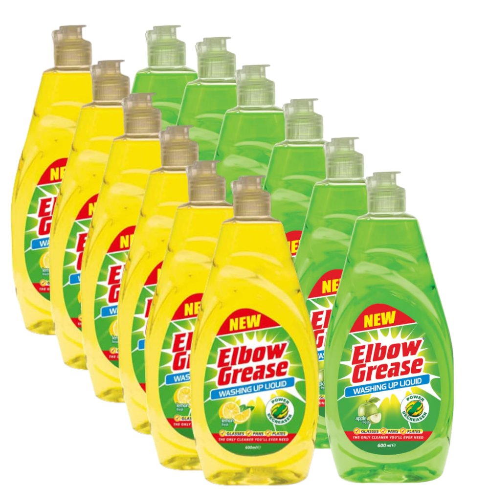 Elbow Grease Washing Up Liquid Multipack | Lemon | Apple | 12 x 600ml | 6 x Lemon, 6 x Apple | Remove Stubborn Food Deposits in No Time | Power Degreaser