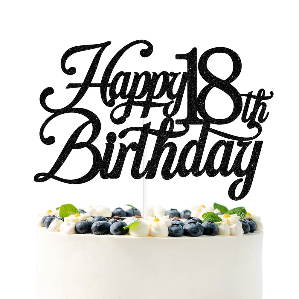 Black Glitter Happy 18th Birthday Cake Topper, 18 & Adultish/Level 18 unlocked/Holy Sh*t You're 18, 18th Birthday Party Decorations for Boys Girls
