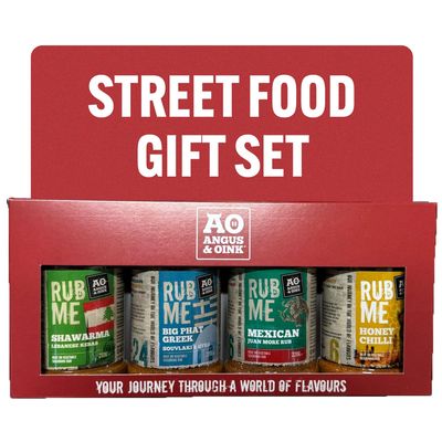 Angus & Oink Street Food Seasoning Gift Set | 4 Pack World Flavours BBQ Rubs & Spices for Chicken, Meat & Veg | Shawarma, Greek Souvlaki, Mexican & Honey Chilli Seasonings | Perfect Foodie Gift Box