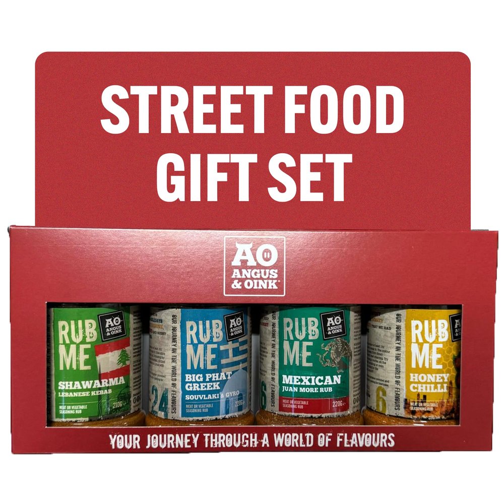 Angus & Oink Street Food Seasoning Gift Set | 4 Pack World Flavours BBQ Rubs & Spices for Chicken, Meat & Veg | Shawarma, Greek Souvlaki, Mexican & Honey Chilli Seasonings | Perfect Foodie Gift Box