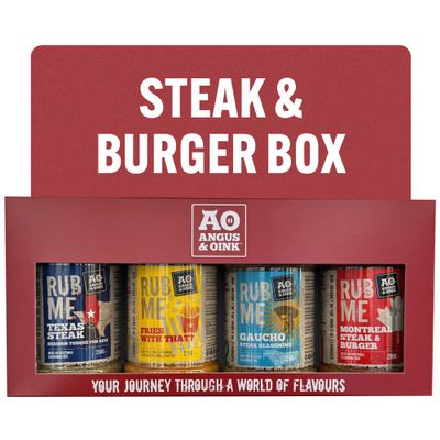 Angus & Oink Gift Set | Steak & Burger Gift Box | 1 x Texas Steak SPG 250G | 1 x Fries With That? 225G | 1 x Gaucho Chimmichuri Seasoning 220G | 1 x Montreal Steak & Burger 250G | BBQ Lover Gift Set