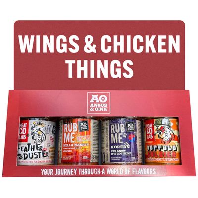 Angus & Oink Gift Set | Wings & Chicken Gift Box | 1 x Feather Duster BBQ Seasoning 220G | 1 x Hella Nashty 200G | 1 x Korean Seasoning 200G | 1 x Buffalo seasoning 200G | The best BBQ Lover Gift Set