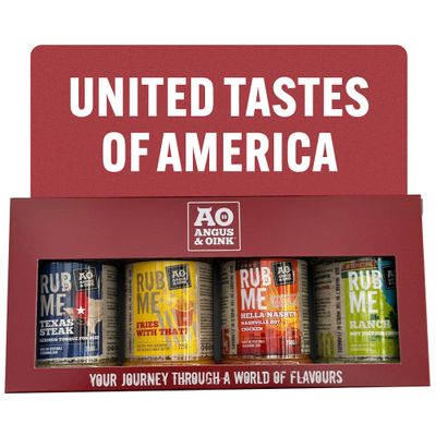 Angus & Oink Gift Set | United Tastes of America | 1 x Texas Steak SPG Seasoning 250G | 1 x Fries With That? 225G | 1 x Nashville Hot Chicken 200G | 1 x Ranch Seasoning 170G | BBQ Lover Gift Set