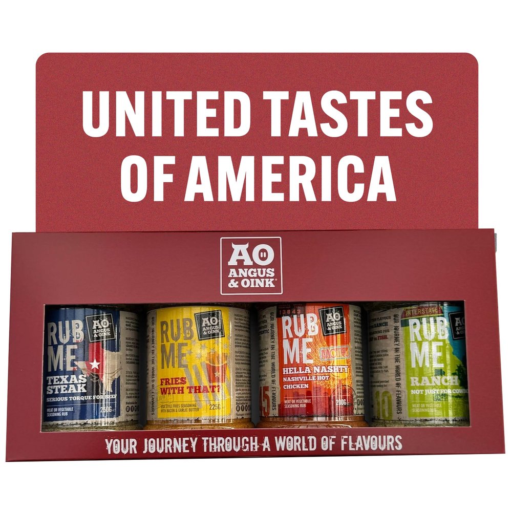 Angus & Oink Gift Set | United Tastes of America | 1 x Texas Steak SPG Seasoning 250G | 1 x Fries With That? 225G | 1 x Nashville Hot Chicken 200G | 1 x Ranch Seasoning 170G | BBQ Lover Gift Set