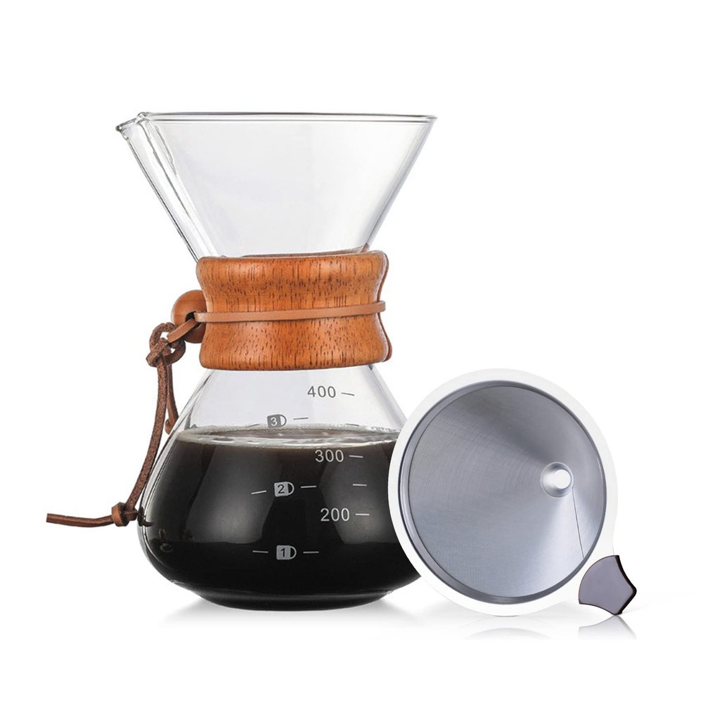 Pour Over Coffee Maker,14oz Paperless Glass Carafe,with Stainless Steel Filter,Reusable Glass Coffee Pot,Manual Coffee Dripper Brewer Hand Drip with Wood Sleeve